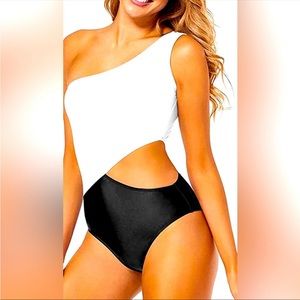 Elegant One-Shoulder Black and White Swimsuit
